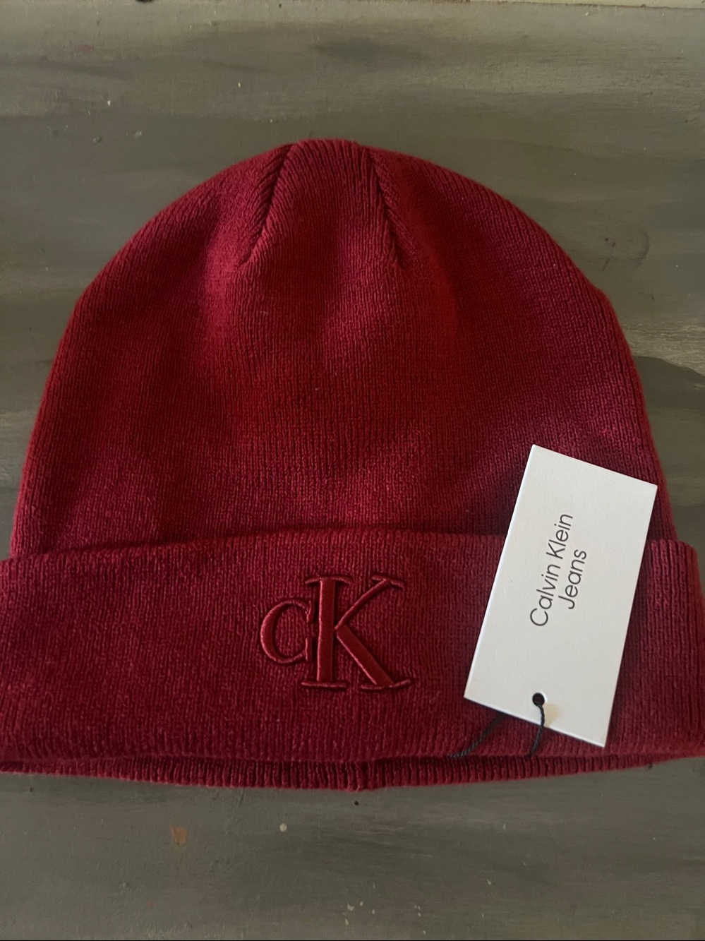 Calvin Klein, Burgundy color CK Embroidered Cuff Beanie, unisex